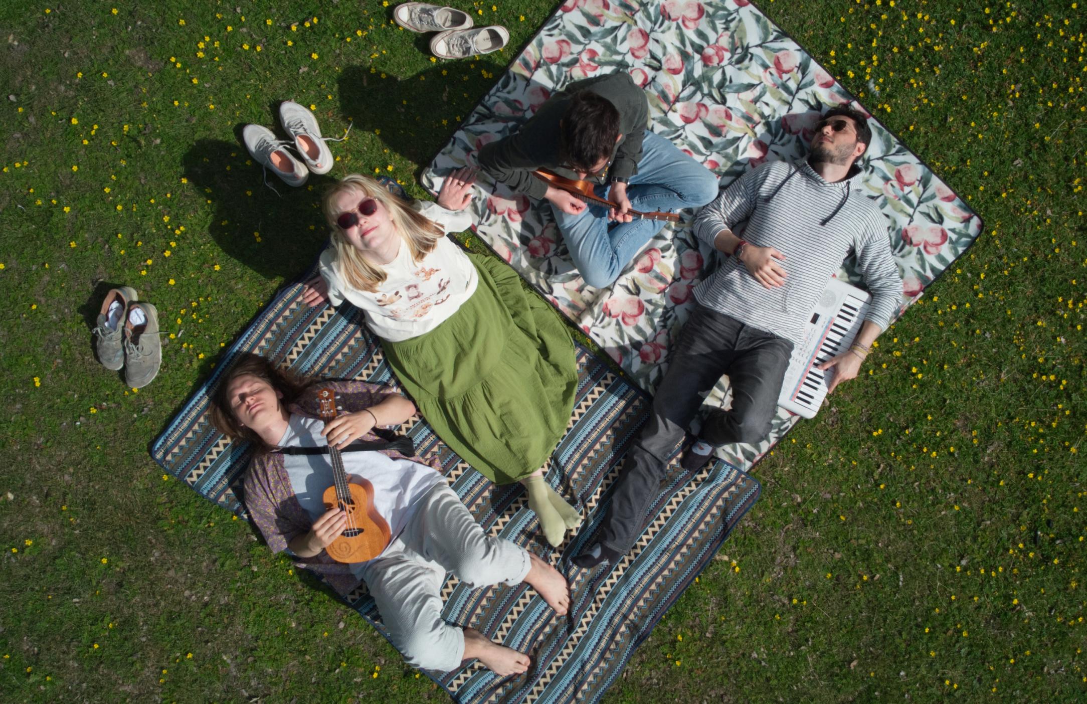 Drone close shot of the band members laying on the park